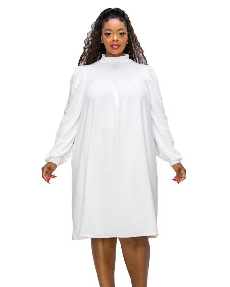 Front of a model wearing a size 3X Amal Mock Neck Dress in White by L I V D. | dia_product_style_image_id:271083